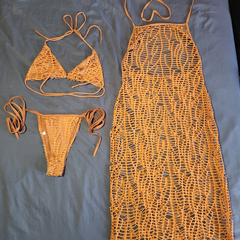 Orange Crochet Bikini Set with Cover-Up